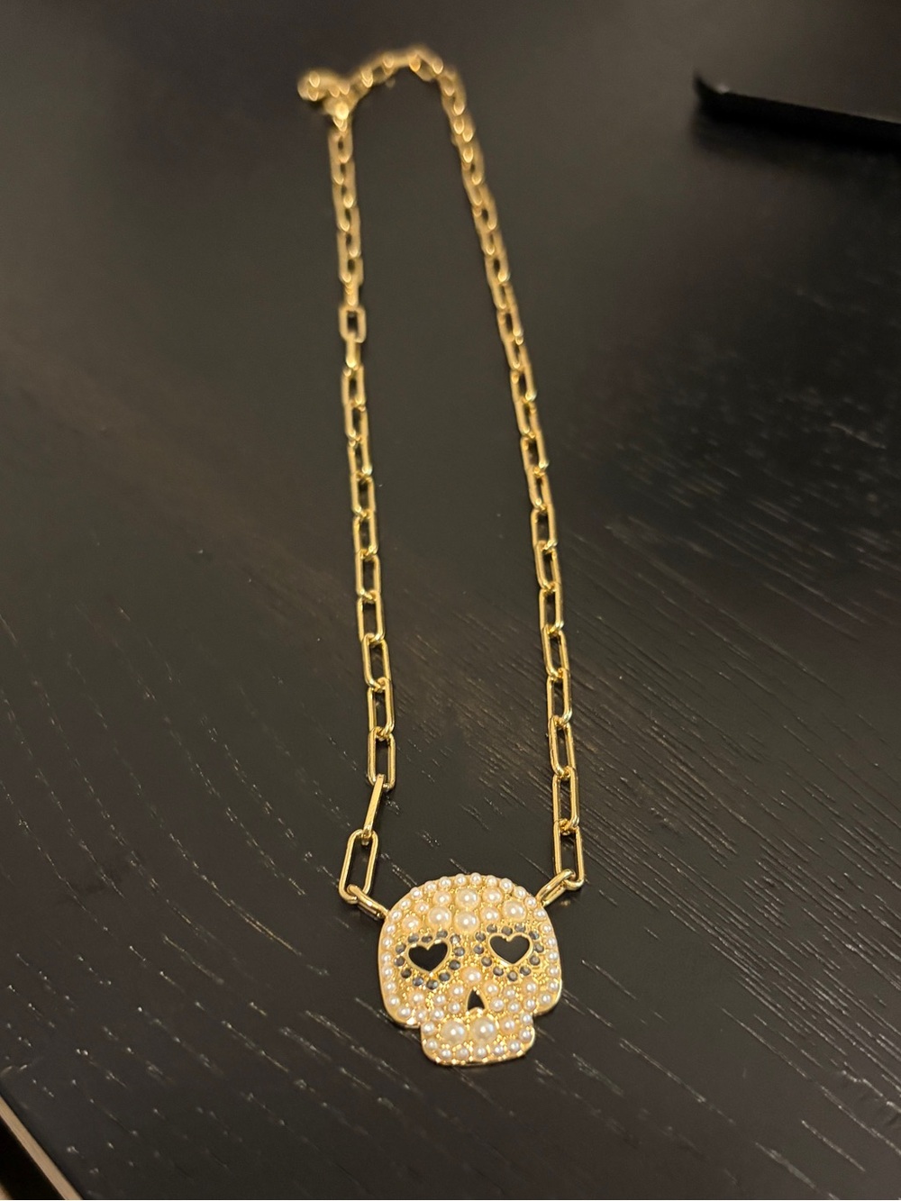 BaubleBar Gold Crystal Pearl Skull Pendant Necklace with Heart Eyes